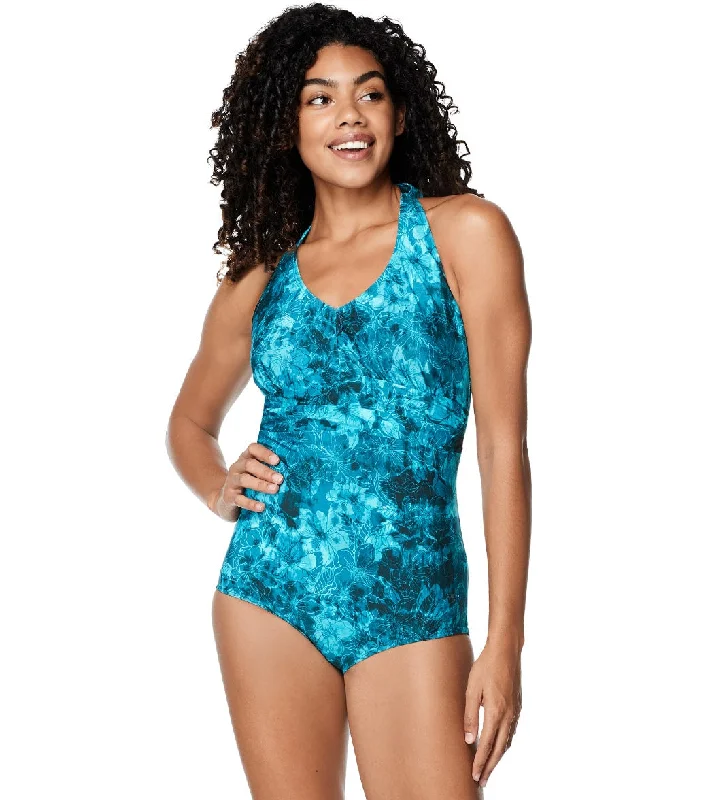 Speedo Women's Printed Halter One Piece Swimsuit Ocean Depths Sexy Monokini Swimsuit