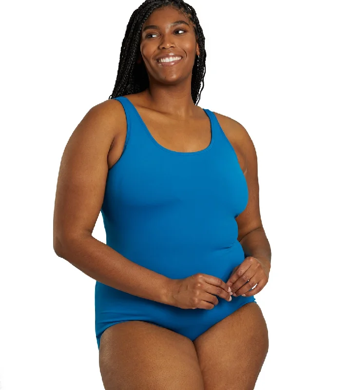 Sporti Plus Size HydroLast Chlorine Resistant Moderate Scoop Back One Piece Swimsuit Teal Plunge Neckline Swimsuit