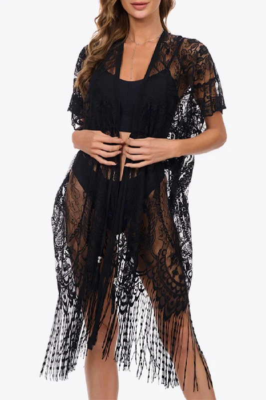 Sunset and Swim Fringe Trim Lace Cover-Up Dress Swimsuit Coverup Plunge Neckline Swimsuit