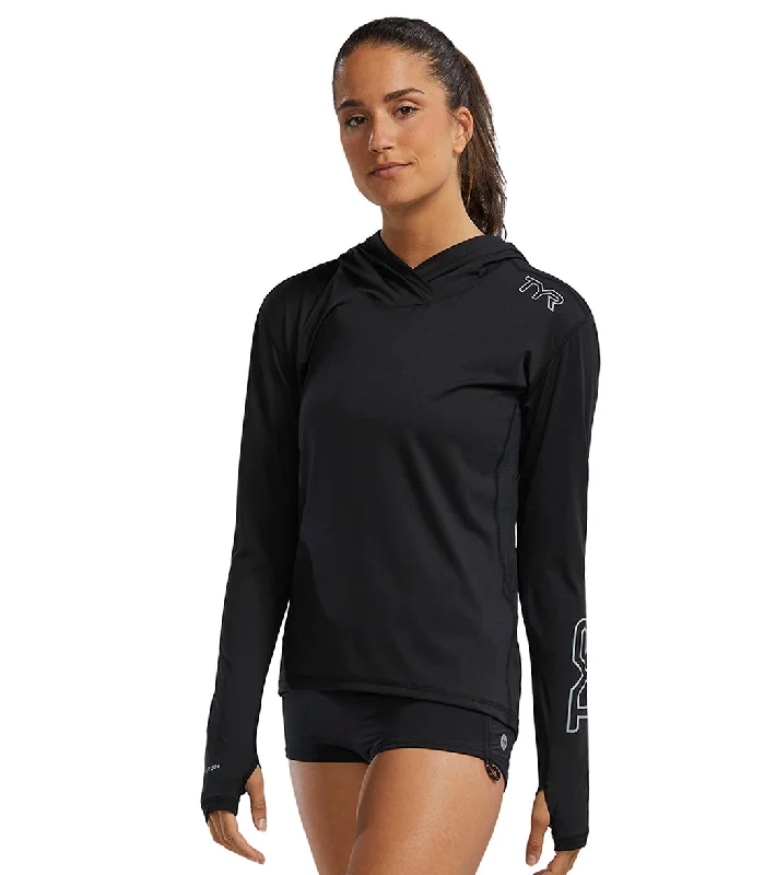 TYR Women's SunDefense Long Sleeve Hooded UPF 50+ Swim Shirt Black Push-Up Swimsuit Top