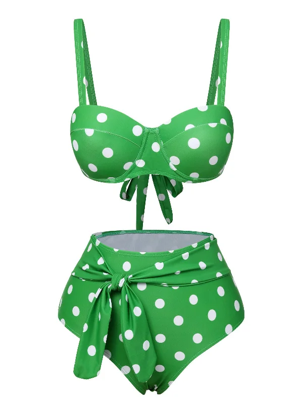 Vintage 1950s Polka Dots Strap Swimsuit Elegant Halter Bikini