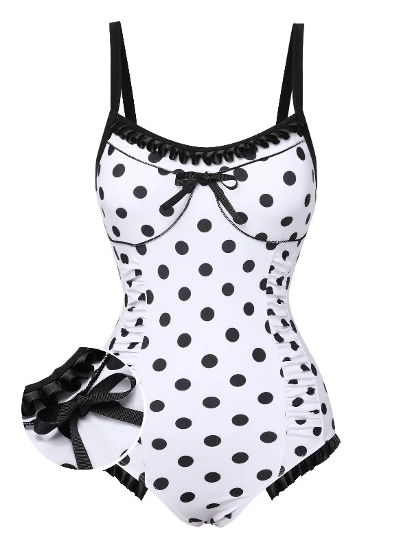 White 1950s Polka Dots Strap Swimsuit Two-Piece Beachwear