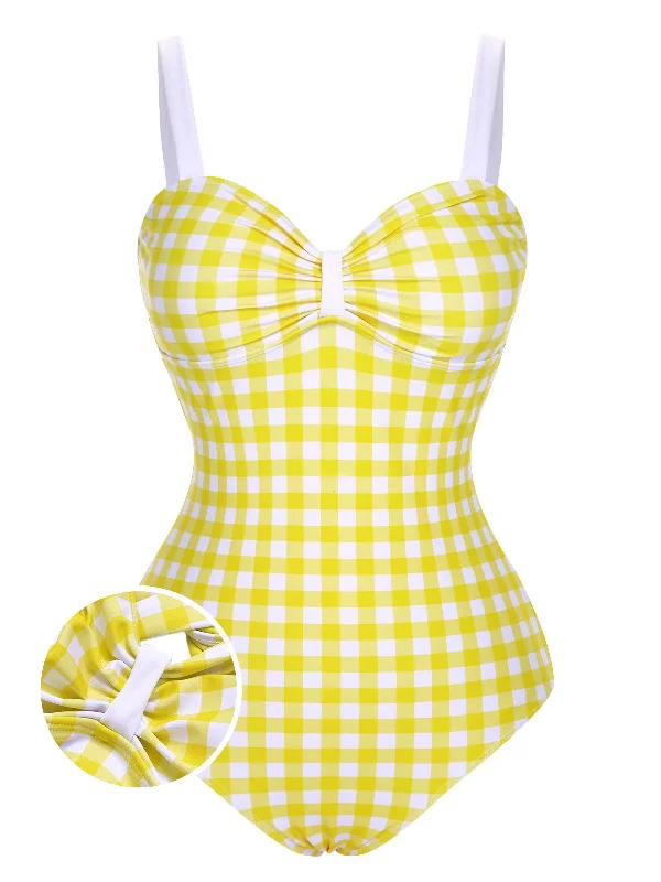 Yellow 1950s Plaid Strap Pleated Swimsuit Elegant Swim Dress