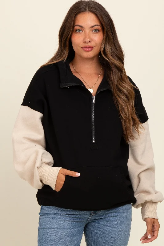 Black Coloblock Half Zip Maternity Hoodie Hoodie with Ribbed Neckline Snug Warm