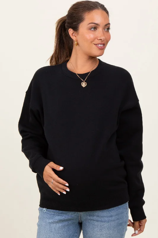 Black Fleece Crew Neck Relaxed Fit Maternity Sweatshirt Hoodie with Relaxed Fit Easy Casual