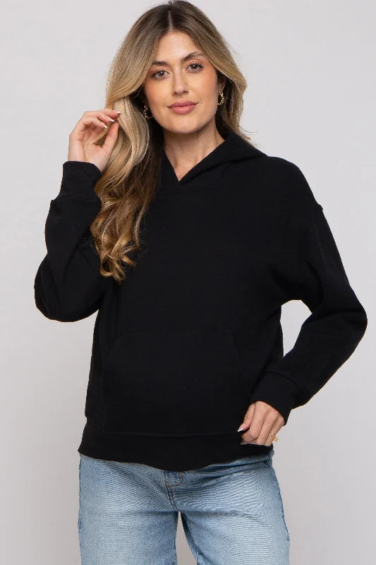 Black Front Pocket Hooded Fleece Maternity Sweatshirt Hoodie with Hem Embroidery Detailed Premium