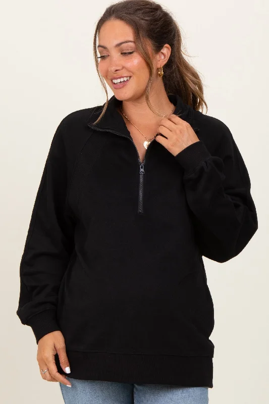 Black Half Zip Contrast Rib Sweatshirt Maternity Top Hoodie with Ribbed Neckline Snug Warm