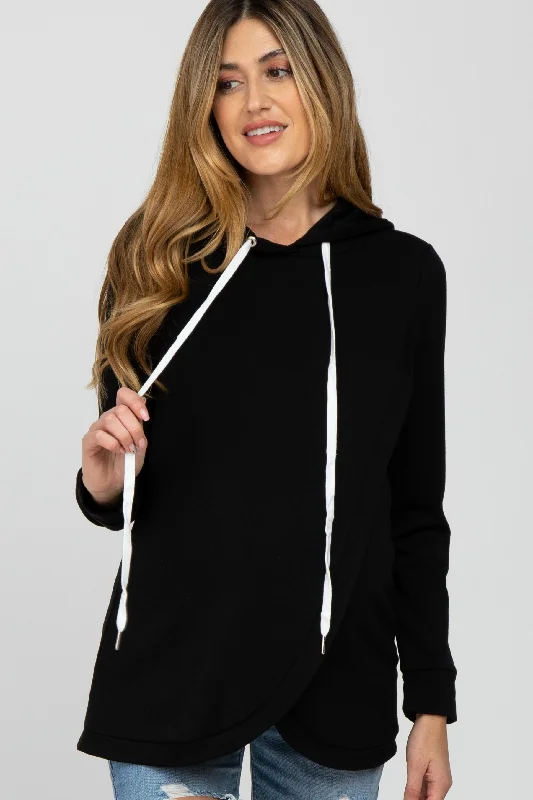 Black Layered Front Maternity/Nursing Fleece Hoodie Hoodie with Exposed Zipper Edgy Industrial