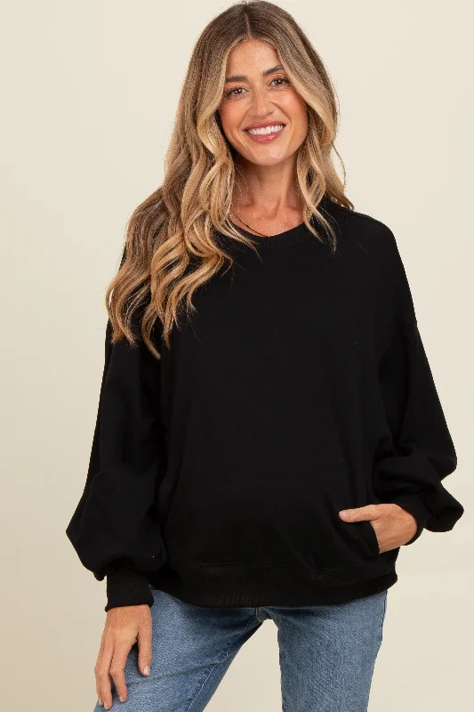 Black Oversized Balloon Sleeve Maternity Sweatshirt Hoodie with Lining Warm Insulated