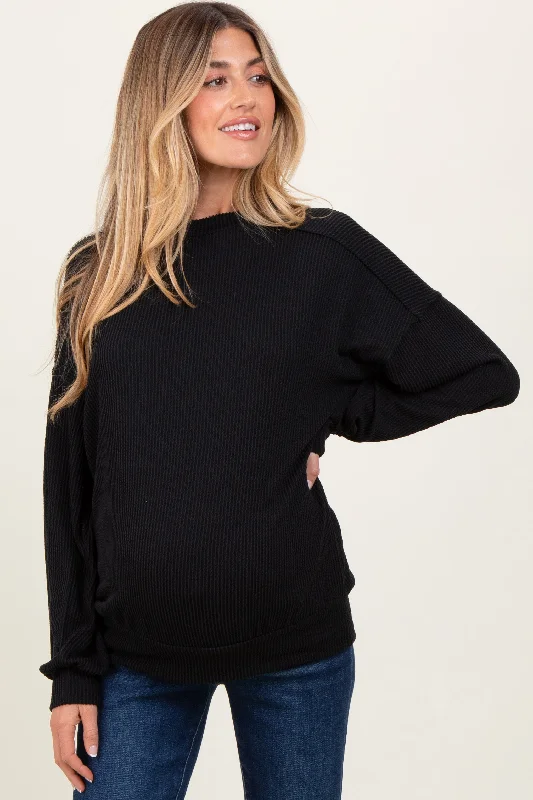 Black Oversized Ribbed Long Sleeve Maternity Sweatshirt Hoodie with Button Classic Timeless