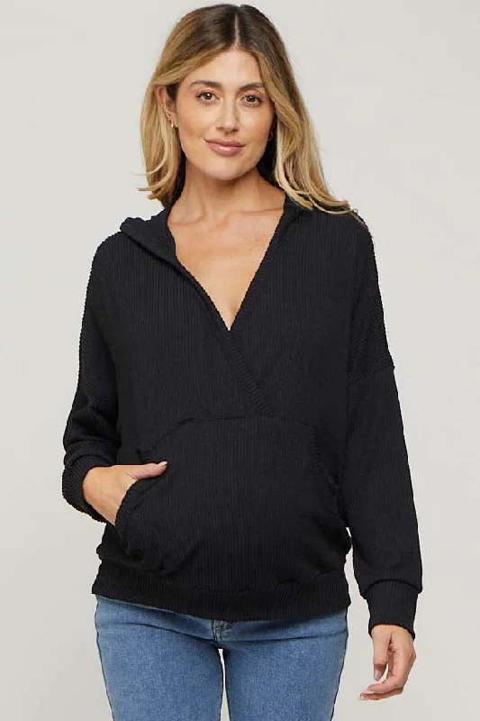 Black Ribbed Hooded Wrap Long Sleeve Maternity Top Hoodie with Set-In Sleeves Structured Classic