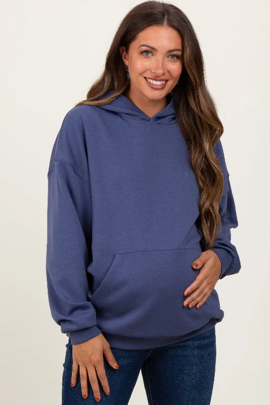 Blue Basic Maternity Hoodie Sweatshirt Hoodie with Hem Embroidery Detailed Premium