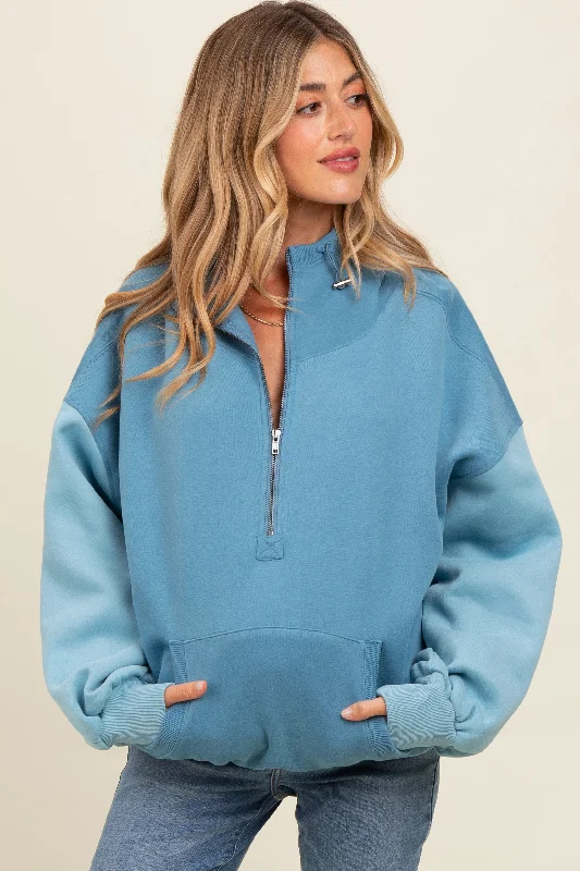 Blue Colorblock Half Zip Maternity Hoodie Hoodie with Contrast Stitching Detailed Premium