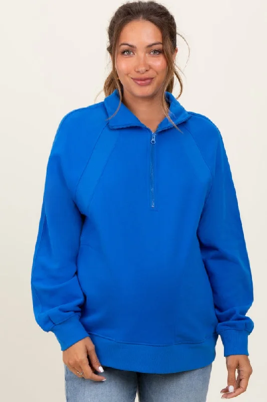 Blue Half Zip Contrast Rib Sweatshirt Maternity Top Hoodie with Button Placket Classic Preppy