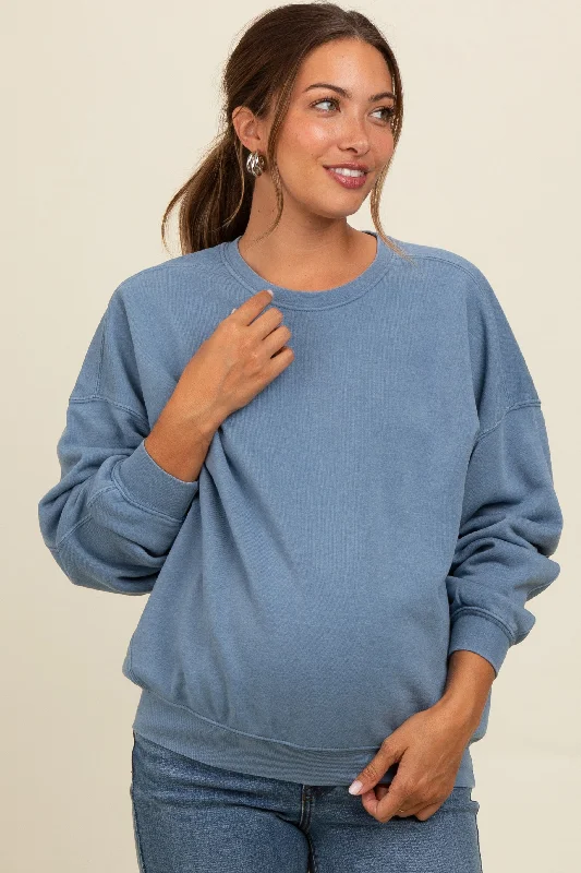 Blue Heather Crewneck Maternity Sweatshirt Hoodie with Hood Adjustable Protection