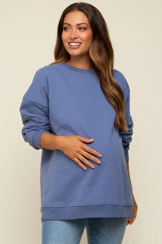 Blue Soft Knit Fleece Lined Maternity Sweatshirt Hoodie with Zipper Versatile Modern