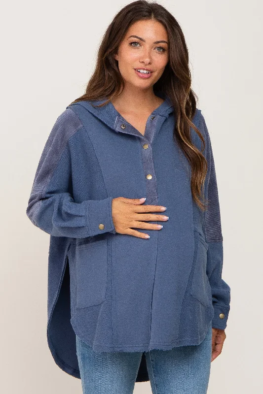 Blue Soft Mixed Knit Button Front Hooded Maternity Top Hoodie with Set-In Sleeves Structured Classic