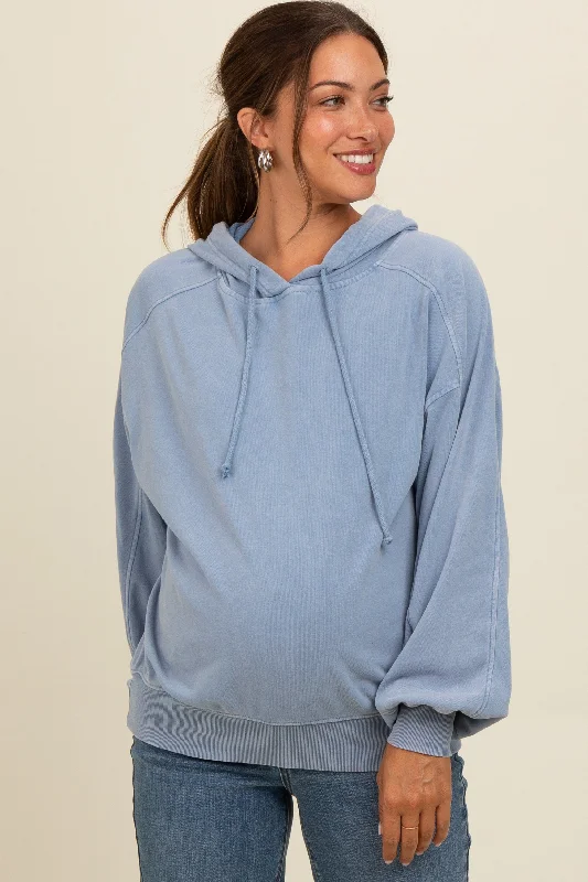 Blue Vintage Wash Oversized Maternity Drawstring Hoodie Hoodie with Contrast Stitching Detailed Premium