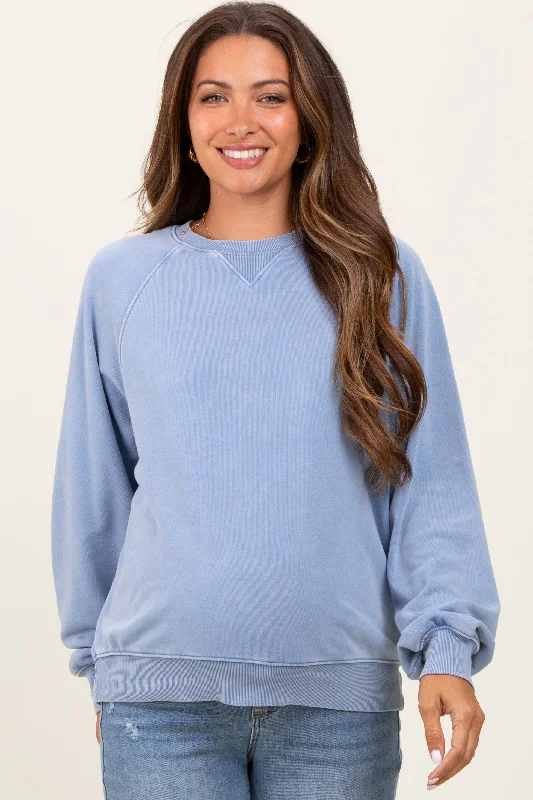 Blue Vintage Wash Relaxed Fit Maternity Sweatshirt Hoodie with Belted Waist Structured Tailored