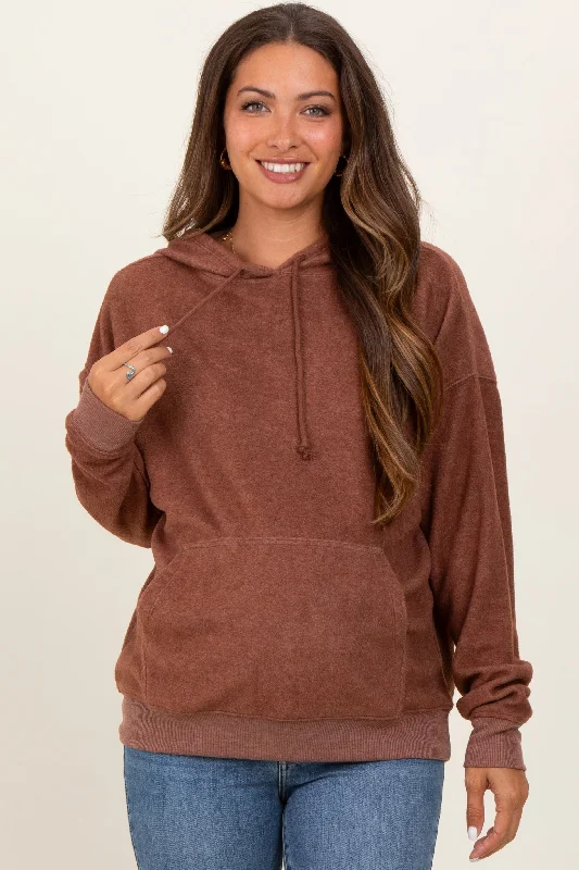 Brown Brushed Knit Oversized Maternity Hoodie Hoodie with Velcro Closure Adjustable Secure