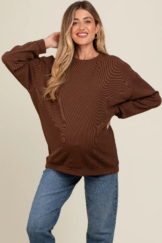 Brown Drop Shoulder Maternity Sweatshirt Hoodie with Hem Frayed Vintage Worn