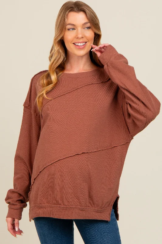 Brown Exposed Seam Dolman Sleeve Maternity Sweatshirt Hoodie with Zipper Placket Modern Functional