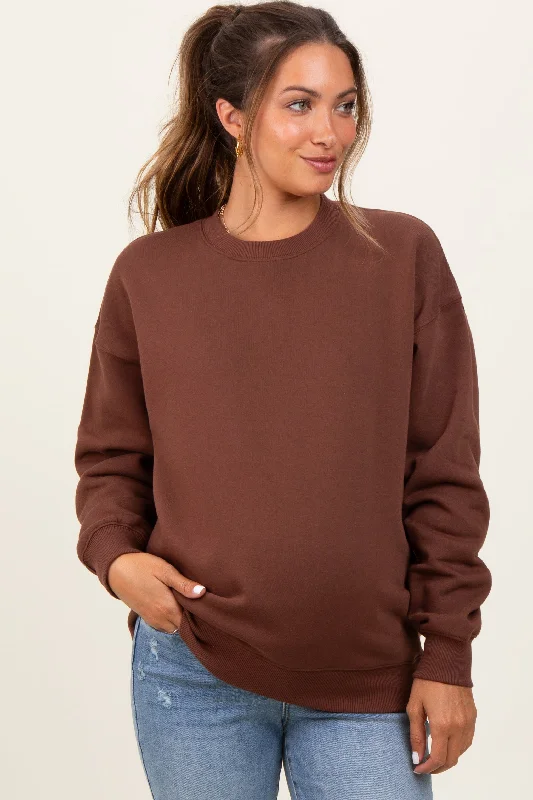 Brown Fleece Crew Neck Relaxed Fit Maternity Sweatshirt Hoodie with Frayed Bohemian Relaxed