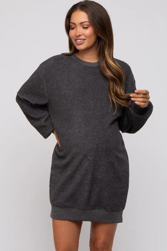 Charcoal Fleece Oversized Maternity Sweatshirt Mini Dress Hoodie with Raglan Sleeves Sporty Comfortable