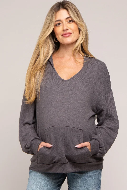 Charcoal Front Pocket Maternity Hoodie Hoodie with High-Low Hem Asymmetrical Trendy