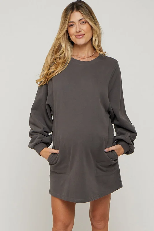 Charcoal Ultra Soft Maternity Sweatshirt Dress Hoodie with Typography Text Message