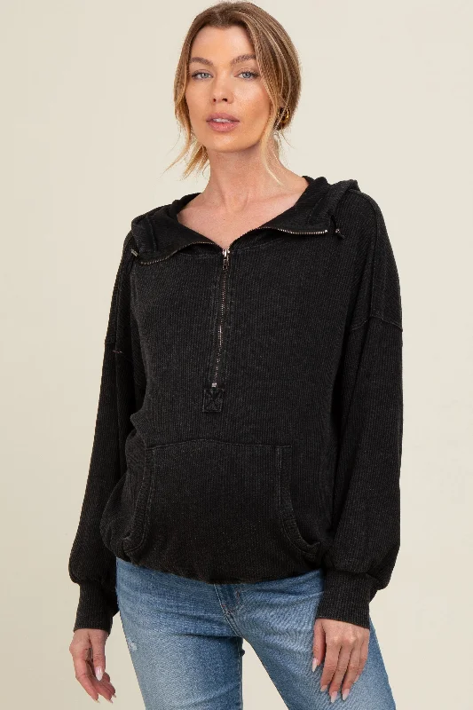 Charcoal Waffle Knit Half Zip Relaxed Fit Maternity Hoodie Hoodie with Puffed Sleeves Voluminous Trendy