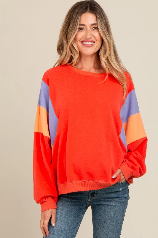 Coral Colorblock Dolman Sleeve Maternity Sweatshirt Hoodie with Elastic Waist Stretchable Comfortable