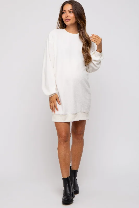 Cream Fleece Oversized Maternity Sweatshirt Mini Dress Hoodie with Metallic Shiny Futuristic