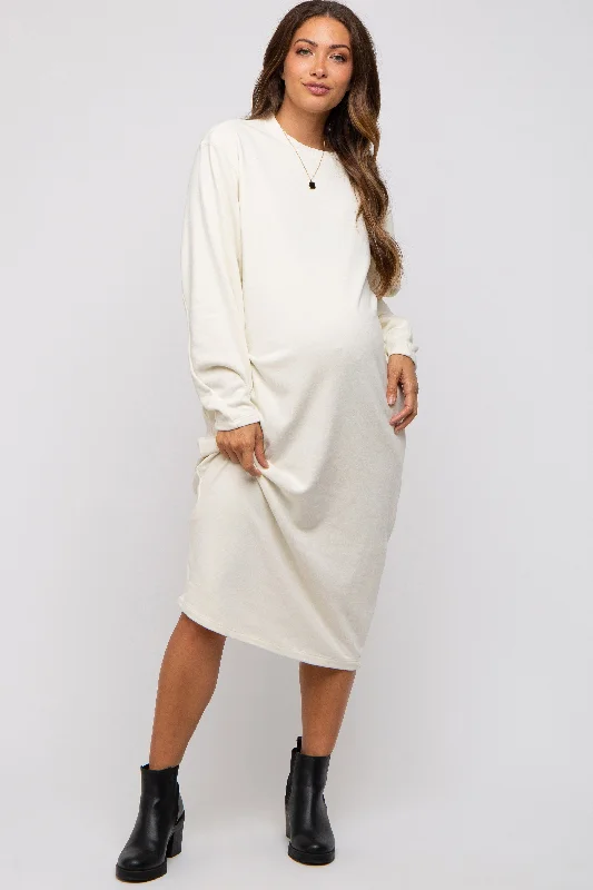 Cream Oversized Maternity Sweatshirt Midi Dress Hoodie with Oversized Fit Loose Comfortable