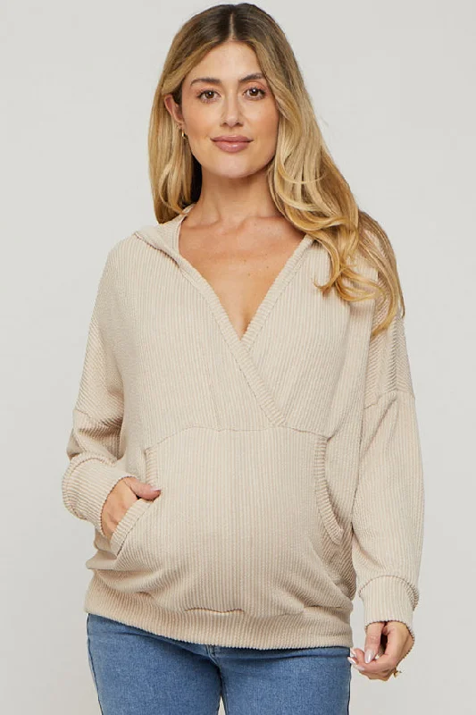 Cream Ribbed Hooded Wrap Long Sleeve Maternity Top Hoodie with Crew Neck Simple Timeless