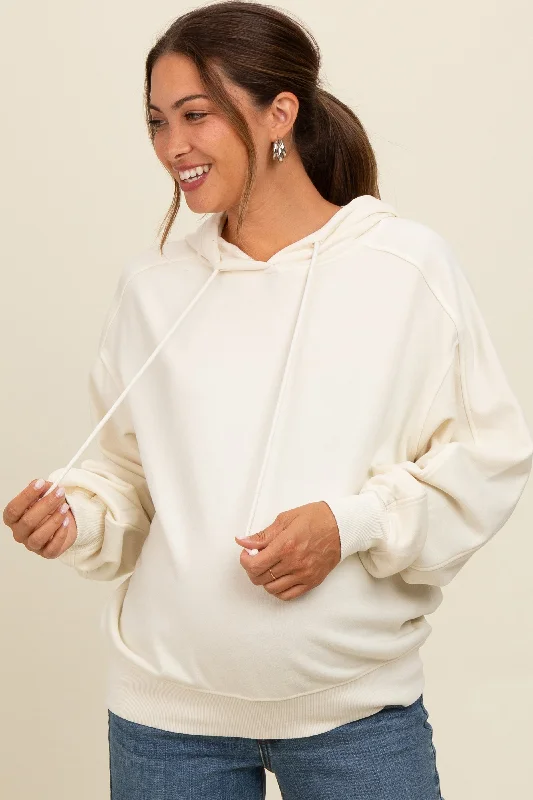 Cream Vintage Wash Oversized Maternity Drawstring Hoodie Hoodie with Ribbed Hem Stretchable Secure