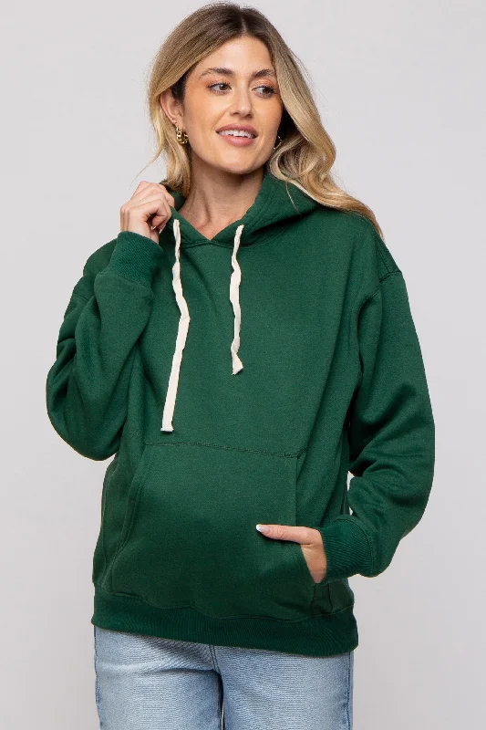 Forest Green Basic Fleece Maternity Hoodie Hoodie with Tied Waist Feminine Flattering