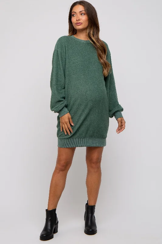 Green Fleece Oversized Maternity Sweatshirt Mini Dress Hoodie with Raw Hem Edgy Unfinished