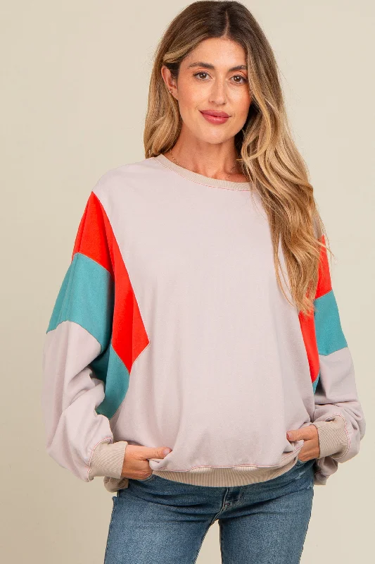 Grey Colorblock Dolman Sleeve Maternity Sweatshirt Hoodie with Hem Detail Decorative Unique