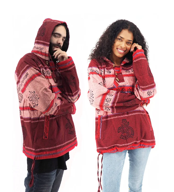 Handmade Casual Boho Cotton Unisex Jackets Hoodies Size S-M-L-XL- Red Hoodie with Hem Detail Decorative Unique