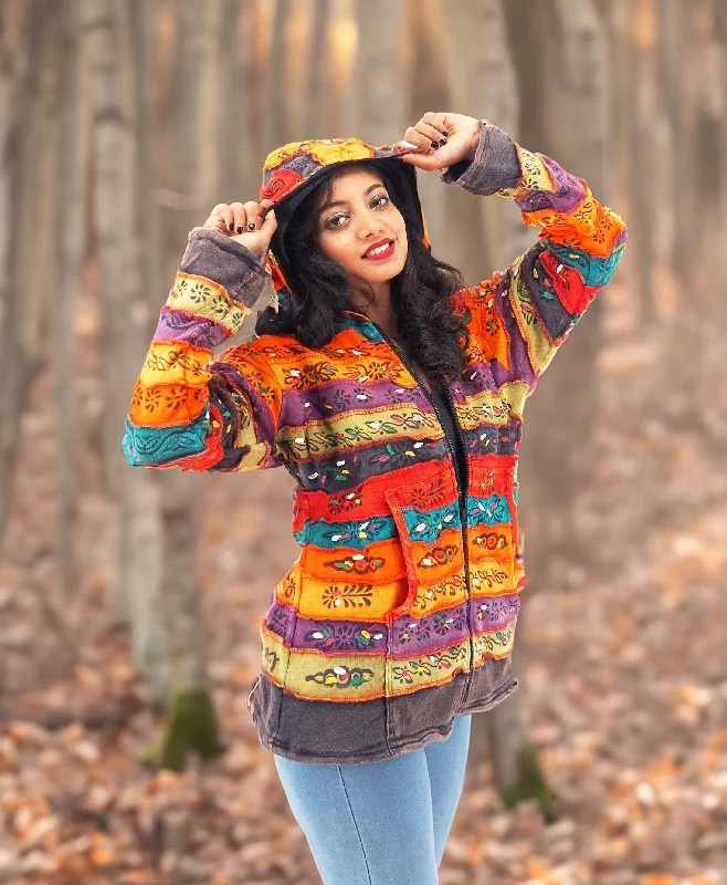 Handmade Patchwork Boho Fleece Lined Hoodie 100% Pre-Washed Cotton Rainbow Tones S-M-L-XL Hoodie with Fur Luxurious Winter