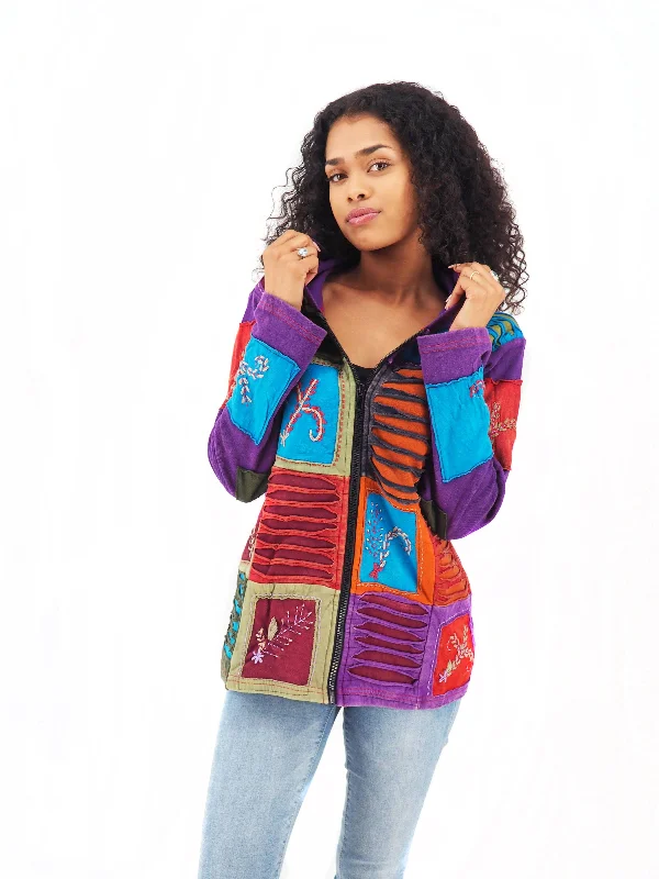 Handmade Patchwork Boho Hoodie 100% Pre-Washed Cotton Blue Purple Tones S-M-L-XL Hoodie with Hem Elastic Stretchable Comfortable