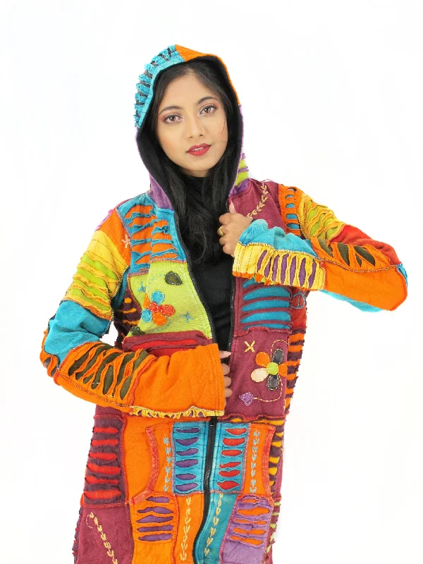 Handmade Patchwork Boho Hoodie 100% Pre-Washed Cotton Bright Tones XXL Hoodie with Magnetic Closure Innovative Modern