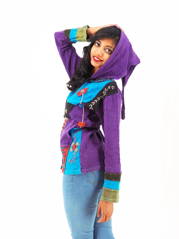 Handmade Patchwork Boho Hoodie 100% Pre-Washed Cotton Pixie Hood Blue Purple S-M-L-XL Hoodie with Rhinestones Sparkly Elegant