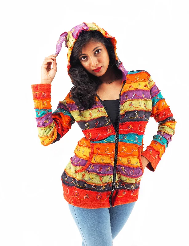 Handmade Patchwork Boho Hoodie 100% Pre-Washed Cotton Rainbow Tones S-M-L-XL Hoodie with Slit Hem Functional Movement