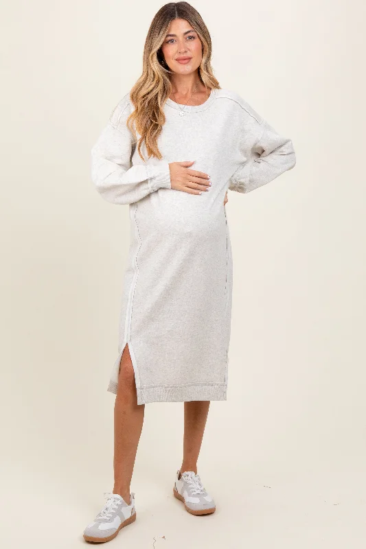 Heather Beige Maternity Sweatshirt Midi Dress Hoodie with Ribbed Cuffs Snug Fit Comfort