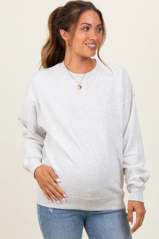 Heather Grey Fleece Crew Neck Relaxed Fit Maternity Sweatshirt Hoodie with Pastel Soft Subtle