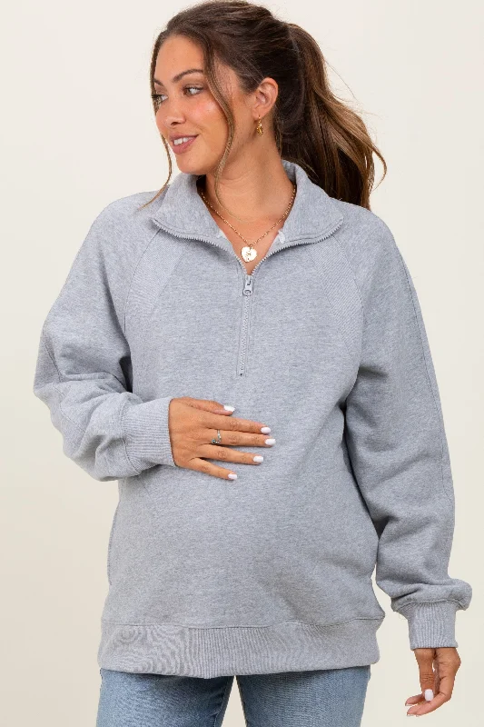 Heather Grey Half Zip Contrast Rib Sweatshirt Maternity Top Hoodie with Rolled Sleeves Casual Relaxed