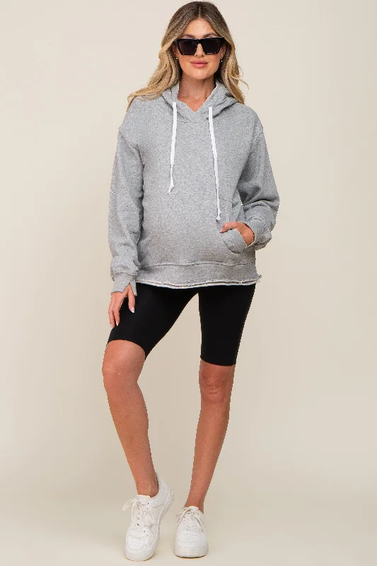 Heather Grey Raw Edge Trim Maternity Drawstring Hoodie Hoodie with Slim Fit Tailored Modern