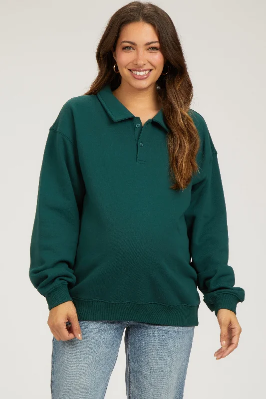 Hunter Green Collared Pullover Maternity Sweatshirt Hoodie with Lining Warm Insulated